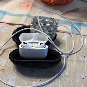 Apple White AirPods Pro with Rhinestone Case and Black Travel Pouch
